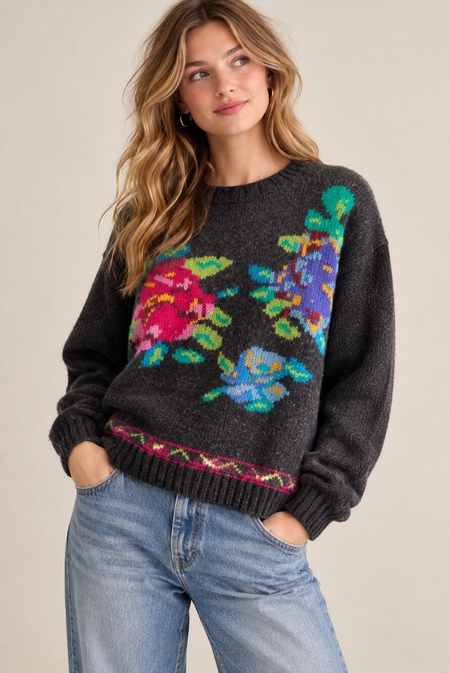 Vintage Floral Wool-Blend Sweater Cottagecore Modern Whimsy